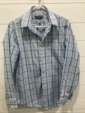 Geoffrey Beene Fitted Dress Shirt Blue Plaid Wrinkle Free Sz 15.5 34/35 GUC